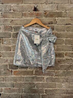 Lola + The Boys Iridescent Silver Sequin Mini Skirt with Side Bow